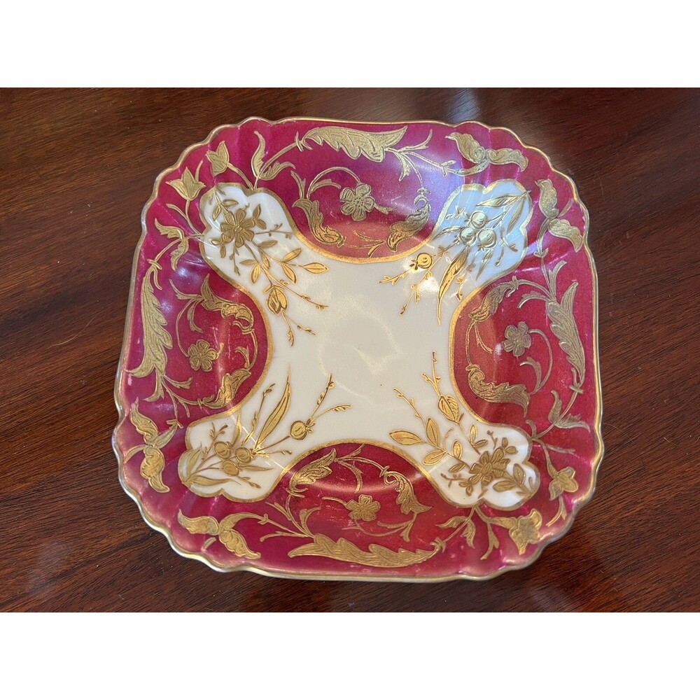 Antique Schumann Bavaria Bowl Magenta and Gold Square Bowl 6.5"